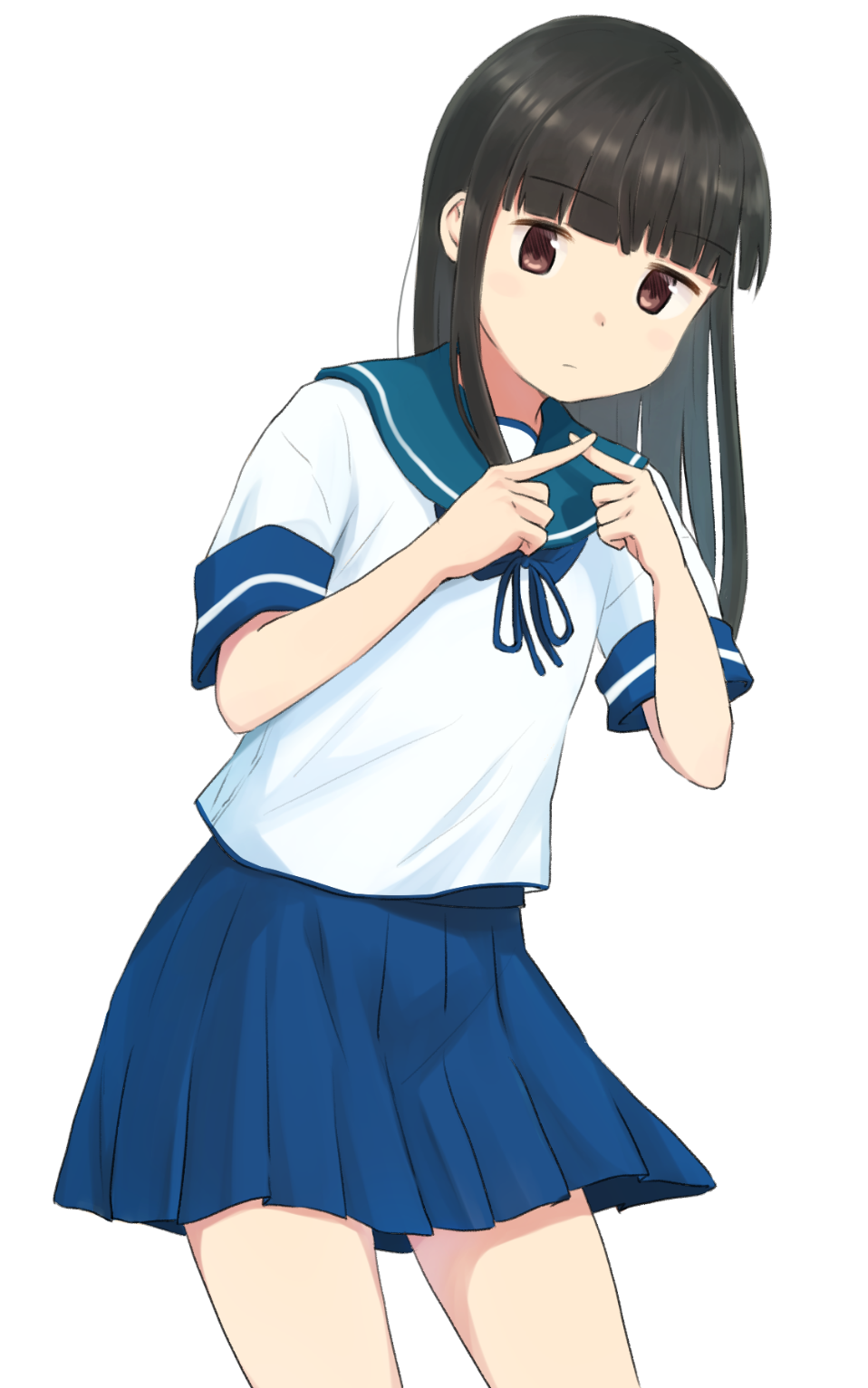 1girl, black_hair, blunt_bangs, brown_eyes, cowboy_shot, female_focus, hatsuyuki_(kancolle), highres, hime_cut, kantai_collection, long_hair, looking_at_viewer, neck_ribbon, pleated_skirt, ribbon, sailor_collar, school_uniform, serafuku, simple_background, skirt, solo, wachi_(hati1186), white_background, x_fingers