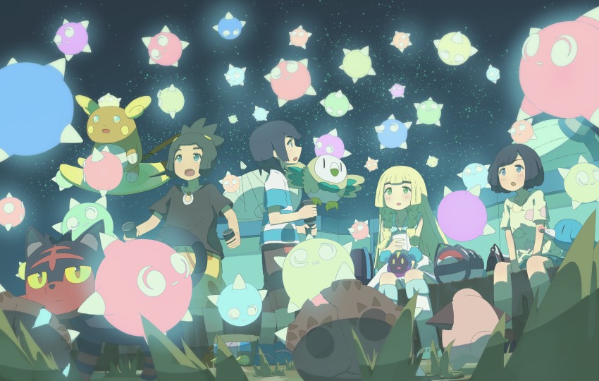 2boys, 2girls, absurdres, alolan_form, alolan_raichu, bag, black_hair, black_shirt