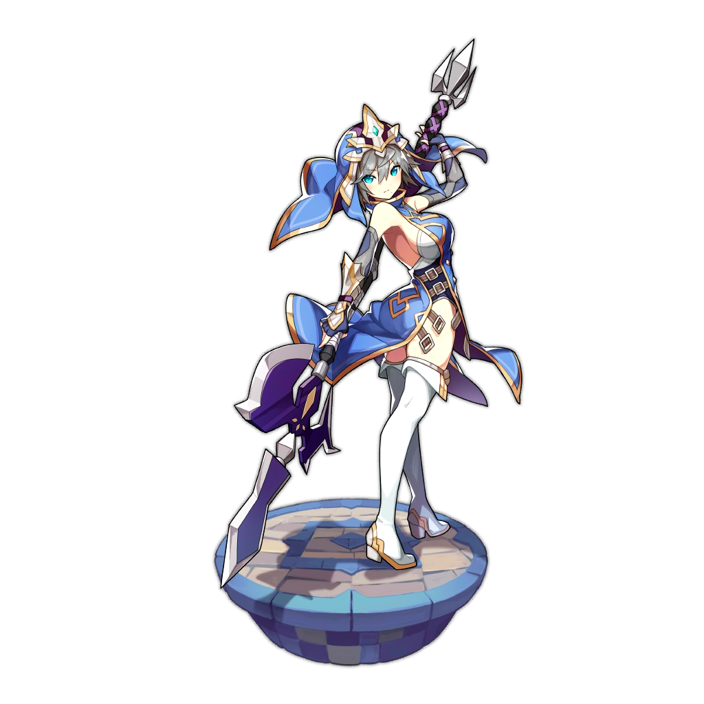 bare_shoulders, belt, blue_eyes, boots, cibella, dragalia_lost, fingerless_gloves, from_side