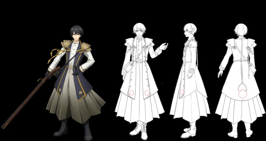 aiguillette, antique_firearm, armor, black_eyes, black_gloves, black_hair, boots, firearm