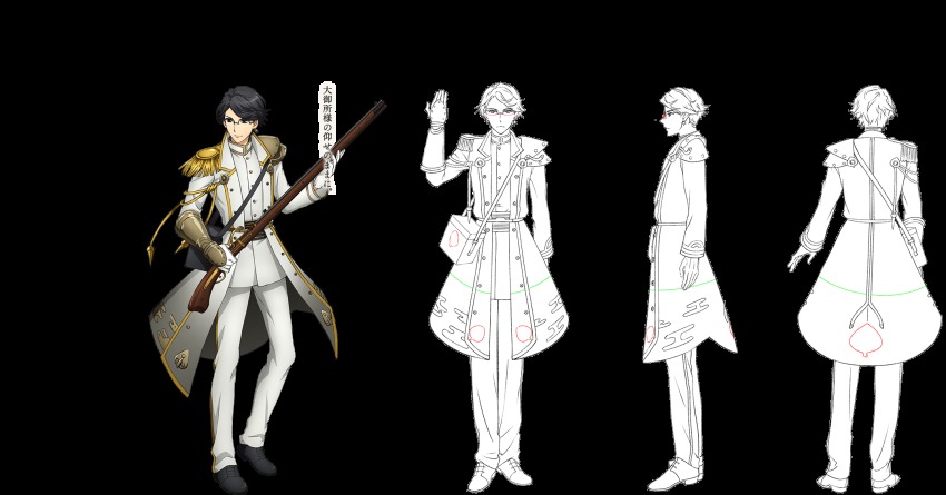 aiguillette, antique_firearm, armor, black_eyes, black_gloves, black_hair, reference_sheet, coat, earrings, epaulettes, firearm, firelock, from_behind, full_body, gauntlets, glasses, gloves, gun, hand_up, hidetada_(senjuushi), high_collar, highres, holding, holding_gun, holding_weapon, japanese_clothes, jewelry, majiro_(mazurka), male_focus, military, military_uniform, multiple_views, official_art, pauldrons, senjuushi:_the_thousand_noble_musketeers, senjuushi_(series), short_hair, shoulder_armor, single_earring, single_gauntlet, standing, swept_bangs, transparent_background, weapon, white_gloves