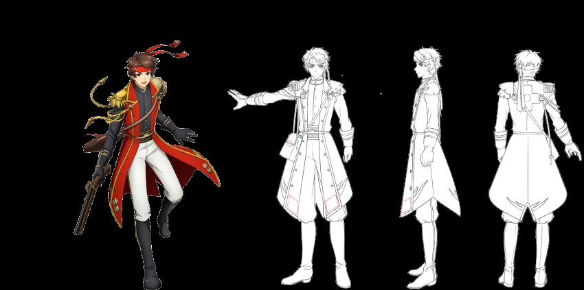 aiguillette, antique_firearm, armor, black_gloves, boots, brown_hair, reference_sheet, epaulettes, firearm, from_behind, full_body, gloves, grey_eyes, gun, hachimaki, headband, high_collar, highres, holding, holding_gun, holding_weapon, japanese_clothes, knee_boots, majiro_(mazurka), male_focus, military, military_uniform, multiple_views, official_art, pauldrons, senjuushi:_the_thousand_noble_musketeers, senjuushi_(series), short_hair, shoulder_armor, standing, translation_request, transparent_background, weapon, weapon_request, yukimura_(senjuushi)