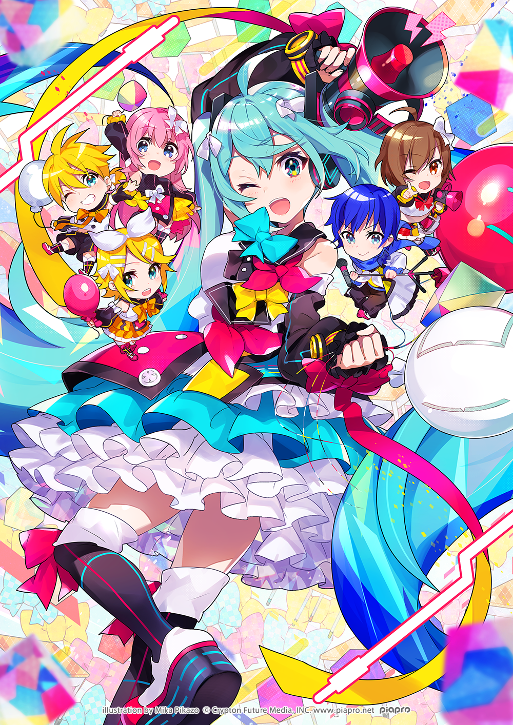 2boys, 4girls, :d, ;d, ahoge, aqua_eyes, aqua_hair, balloon