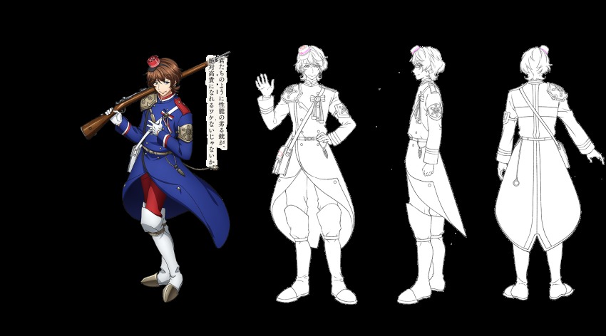 antique_firearm, armor, belt_boots, blue_eyes, bolt_action, boots, brown_hair, buttons