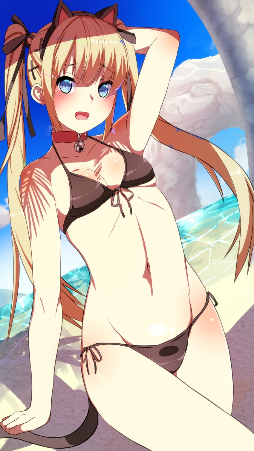 1girl, absurdres, animal_ears, arm_behind_head, arm_up, bare_arms, bare_shoulders, beach