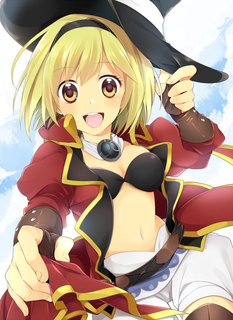 1girl, :d, bard_(granblue_fantasy), bikini, bikini_top_only, black_bikini, black_hairband, black_hat, black_thighhighs, blonde_hair, breasts, cleavage, cloud, djeeta_(granblue_fantasy), female_focus, granblue_fantasy, hairband, hanata, hat, hat_ribbon, looking_at_viewer, medium_breasts, navel, open_mouth, orange_eyes, outdoors, ribbon, short_hair, short_shorts, shorts, smile, solo, stomach, strapless, strapless_bikini, swimsuit, thighhighs, white_ribbon, white_shorts, witch_hat