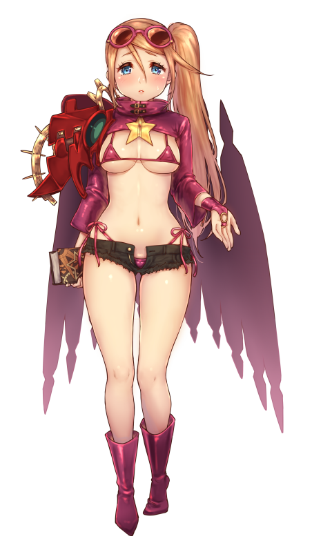 1girl, bikini, bikini_under_clothes, blue_eyes, book, breasts, bridal_gauntlets, brown_hair