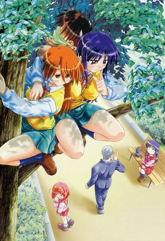 4girls, @_@, blush, cat, from_above, fujita_hiroyuki, in_tree, kamigishi_akari