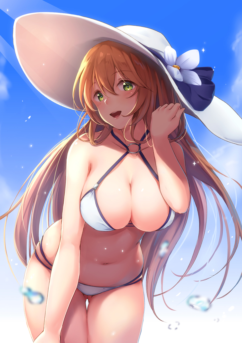 1girl, :d, bikini, bit_(keikou_syrup), blue_sky, blurry, blush, breasts, brown_hair, cleavage, cowboy_shot, criss-cross_halter, day, depth_of_field, female_focus, flower, girls'_frontline, gluteal_fold, green_eyes, tucking_hair, halterneck, hand_up, hat, hat_flower, highres, large_breasts, long_hair, looking_at_viewer, multi-strapped_bikini, navel, o-ring, o-ring_bikini, o-ring_top, official_alternate_costume, open_mouth, outdoors, sky, smile, solo, springfield_(girls'_frontline), springfield_(senjuushi), springfield_(stirring_mermaid)_(girls'_frontline), swimsuit, thigh_gap, white_bikini