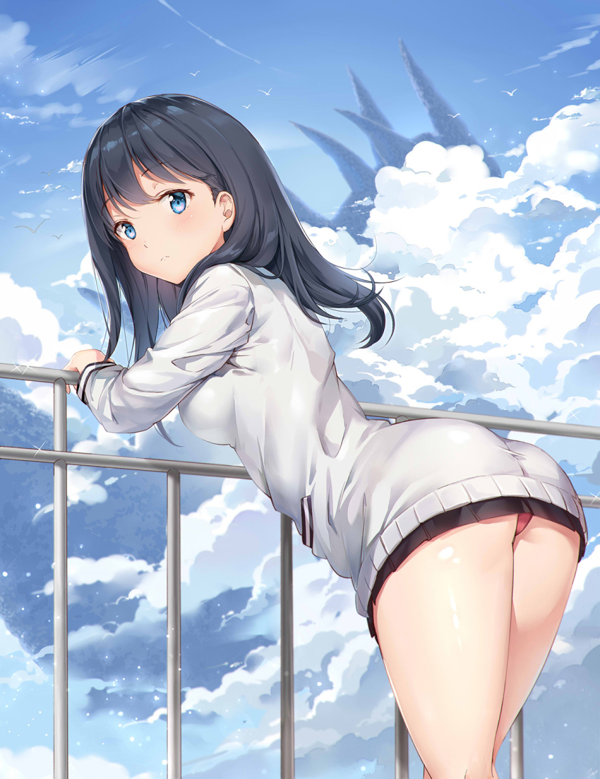 10s, 1girl, against_railing, arm_support, ass, bird, black_legwear, blue_eyes