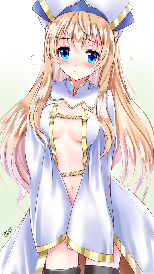 10s, 1girl, black_legwear, blonde_hair, blue_eyes, blush, breasts, commentary_request