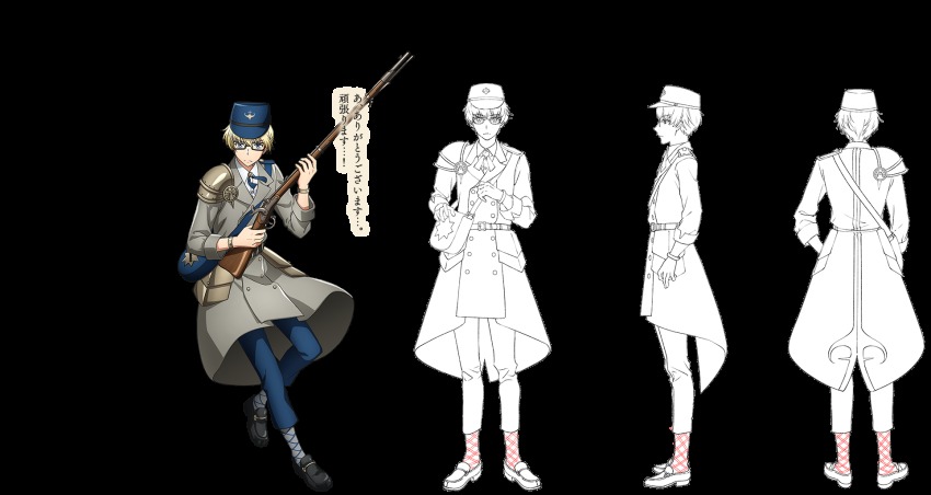 antique_firearm, argyle_clothes, argyle_legwear, armor, blonde_hair, blue_eyes, bracelet, buttons