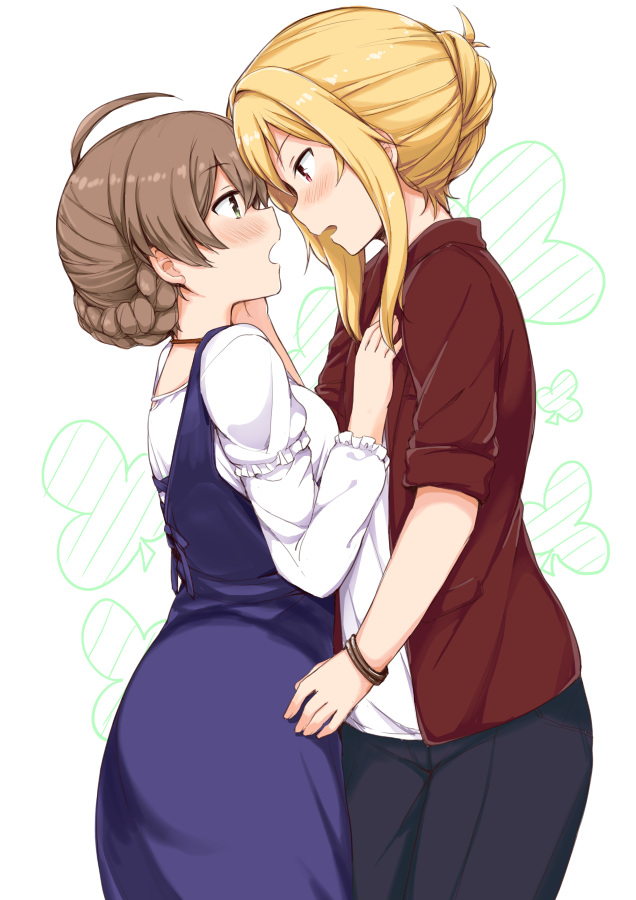 2girls, aqua_hair, black_pants, blonde_hair, blue_dress, bracelet, breasts, brown_hair