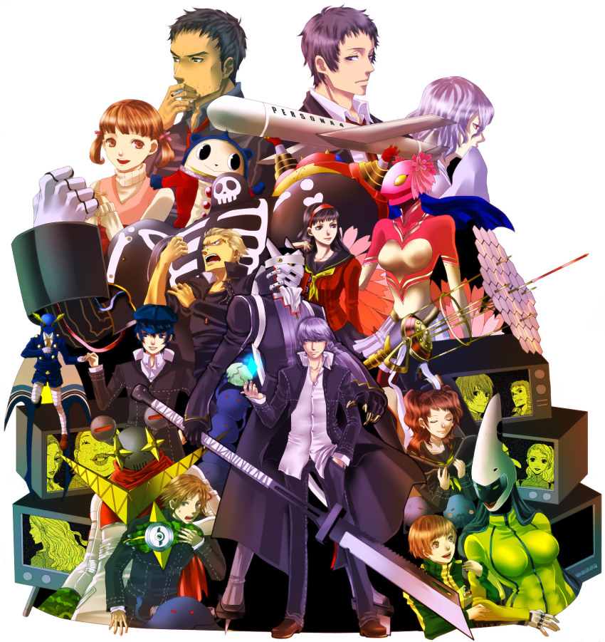 6+boys, 6+girls, adachi_tooru, amagi_yukiko, androgynous, atlus, bear, black_eyes