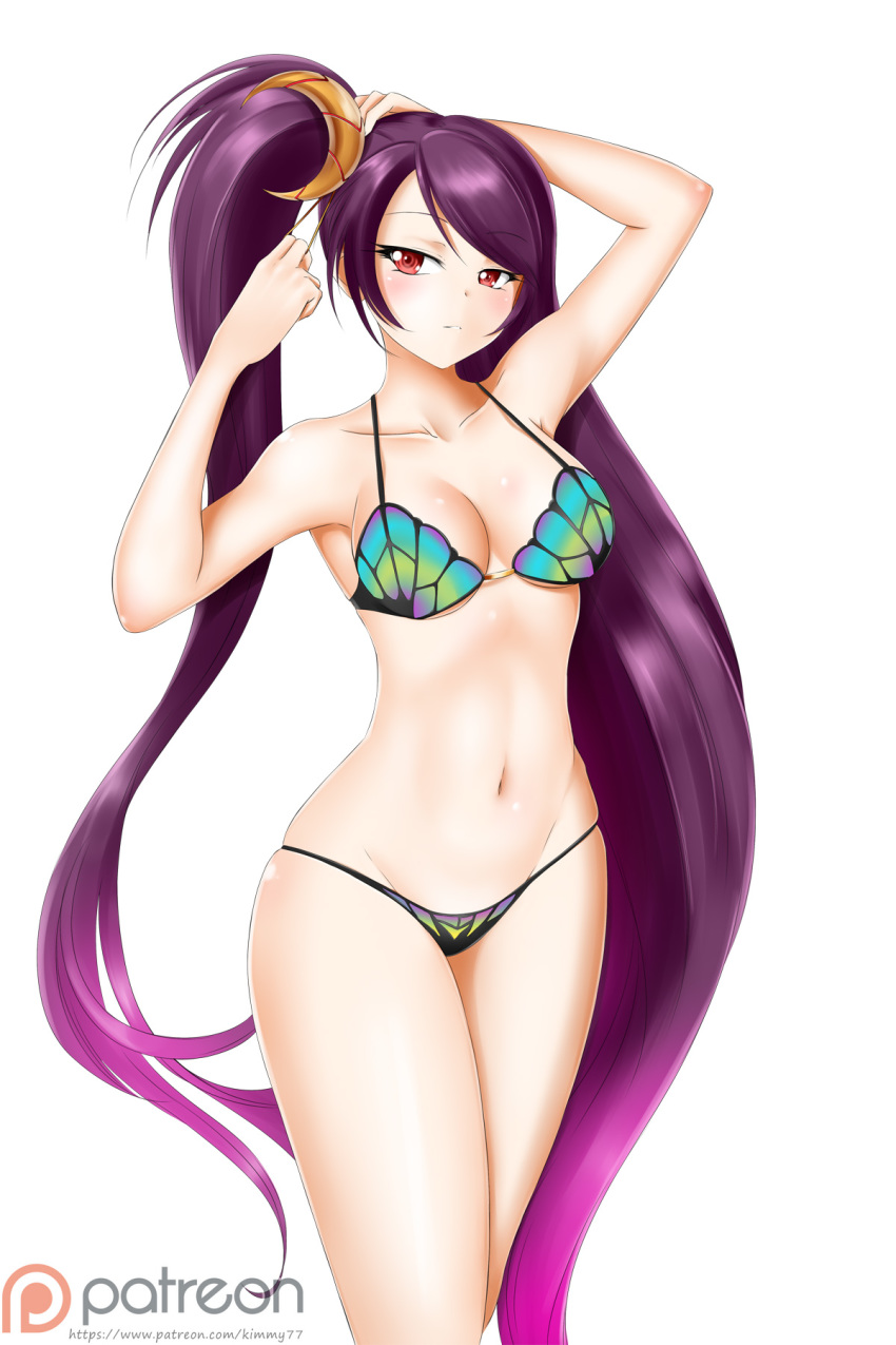 1girl, bikini, brave_frontier, breasts, cleavage, collarbone, crescent, crescent_hair_ornament, elza_(brave_frontier), female_focus, floating_hair, gradient_hair, groin, hair_ornament, highres, kimmy77, large_breasts, long_hair, looking_at_viewer, multicolored_bikini, multicolored_hair, navel, parted_bangs, patreon_logo, pink_hair, purple_hair, red_eyes, sideboob, simple_background, solo, standing, swimsuit, twintails, two-tone_hair, tying_hair, very_long_hair, watermark, white_background