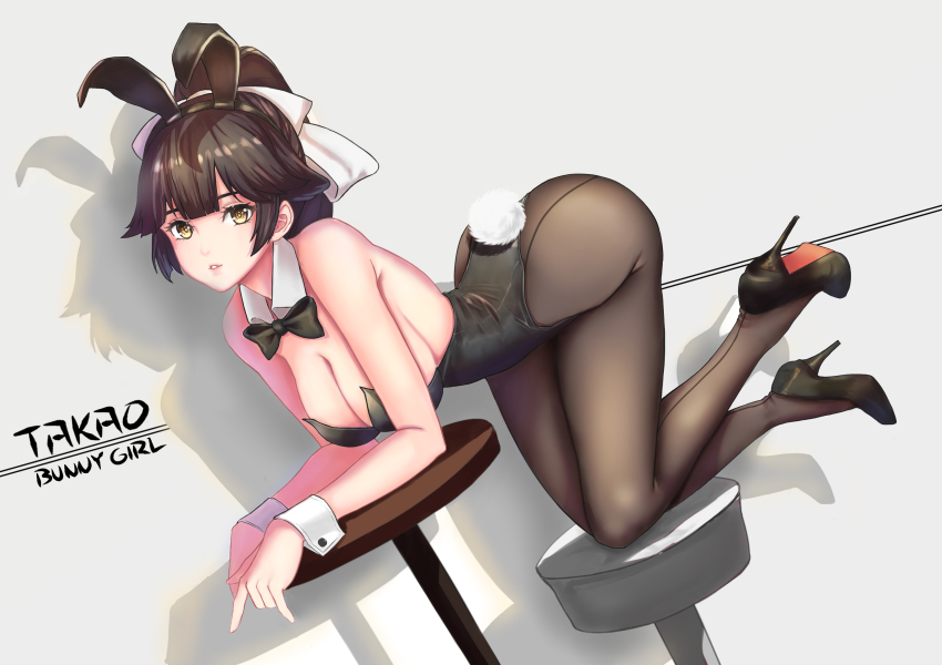 1girl, absurdres, animal_ears, ass, azur_lane, black_bow, black_bowtie, black_hair, black_leotard, black_pantyhose, bow, bowtie, breasts, brown_eyes, character_name, cleavage, detached_collar, fake_animal_ears, female_focus, full_body, hair_bow, hair_flaps, hawood, high_heels, highres, large_breasts, leotard, long_hair, pantyhose, playboy_bunny, ponytail, pumps, rabbit_ears, rabbit_girl, rabbit_tail, shoes, solo, stiletto_heels, stool, strapless, strapless_leotard, table, tail, takao_(azur_lane), thighs, white_bow, wrist_cuffs