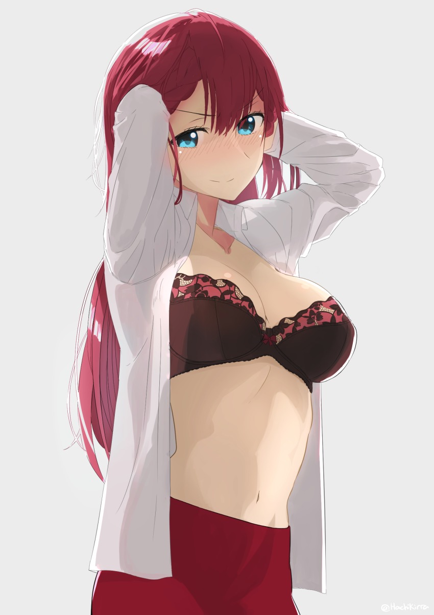 1girl, adjusting_hair, arms_behind_head, blue_eyes, bokutachi_wa_benkyou_ga_dekinai, bow, bow_bra, bra, breasts, closed_mouth, dress_shirt, female_focus, grey_background, hachikirra, highres, kirisu_mafuyu, lace, lace-trimmed_bra, lace_bra, lace_trim, large_breasts, long_hair, long_sleeves, looking_at_viewer, medium_breasts, navel, red_bow, red_hair, red_skirt, romaji_commentary, shirt, simple_background, skirt, smile, solo, standing, teacher, twitter_username, underwear, upper_body, white_shirt