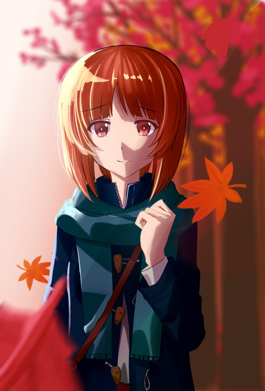 10s, 1girl, absurdres, autumn, autumn_leaves, bag, blue_coat, blue_scarf