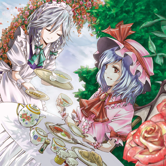 2girls, blue_hair, braid, closed_eyes, cookie, cup, female_focus, flower