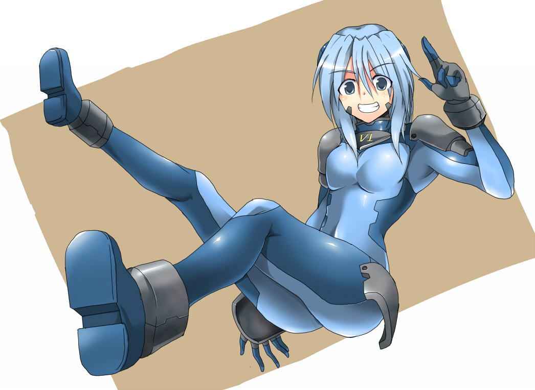 00s, 1girl, blue_eyes, blue_hair, bodysuit, eyebrows, female_focus, lyrical_nanoha