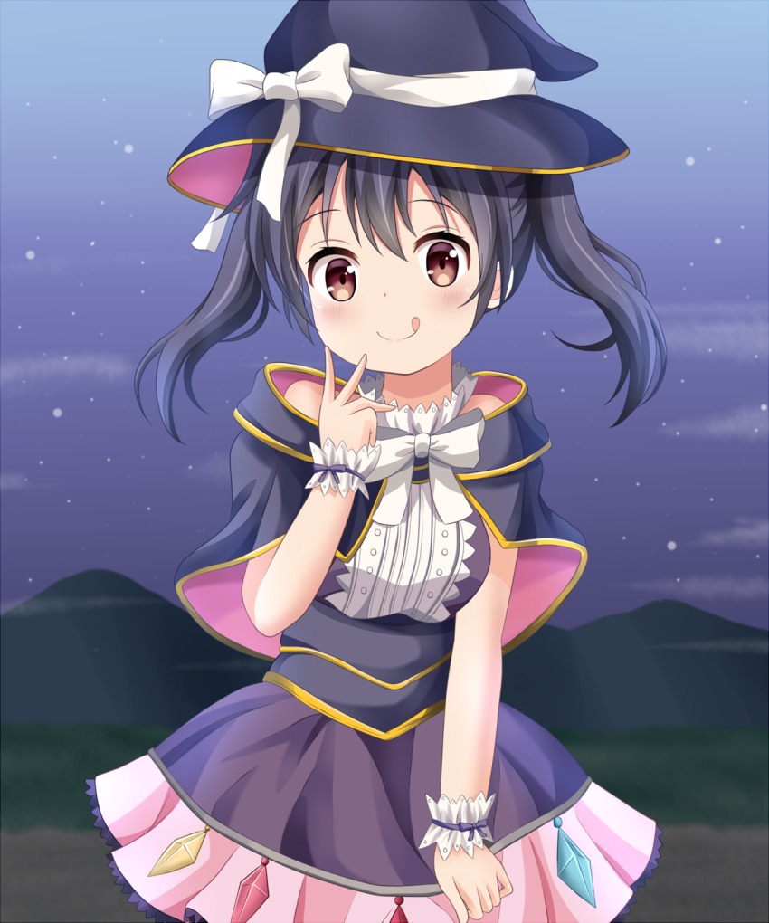 1girl, :q, bare_shoulders, black_capelet, black_hair, black_hat, blush, bow