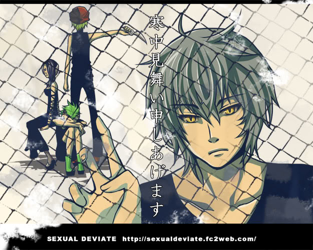 1girl, 3boys, ash_(galerians), black_eyes, black_hair, blonde_hair, dress, fence