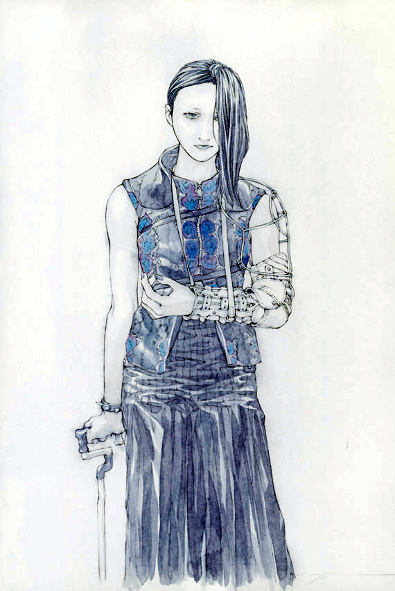 1girl, black_eyes, black_hair, bracelet, cane, cast, dress, female_focus