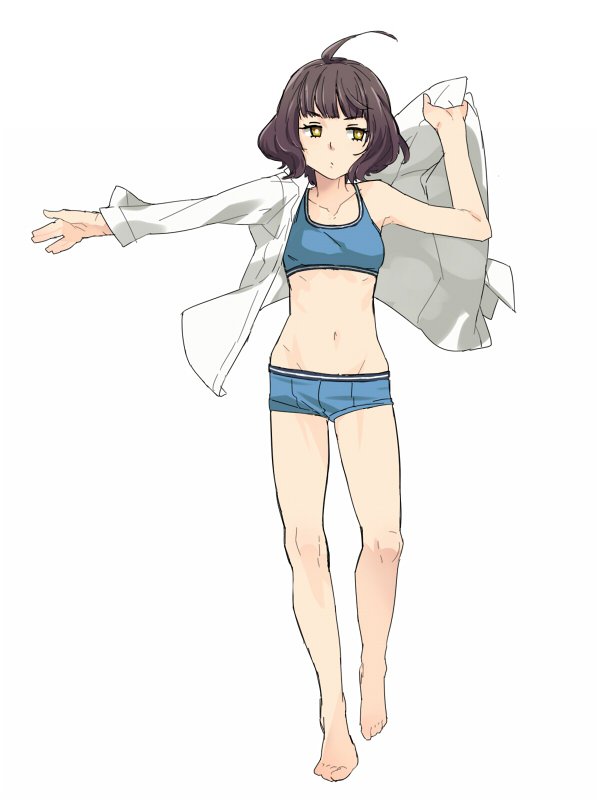 1girl, ahoge, barefoot, black_hair, blue_bra, blue_panties, blunt_bangs, boyshort_panties