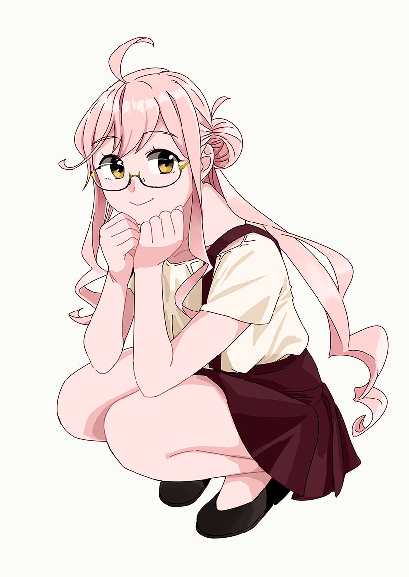 1girl, ahoge, alternate_costume, bad_id, bad_twitter_id, black_footwear, blouse, brown_eyes