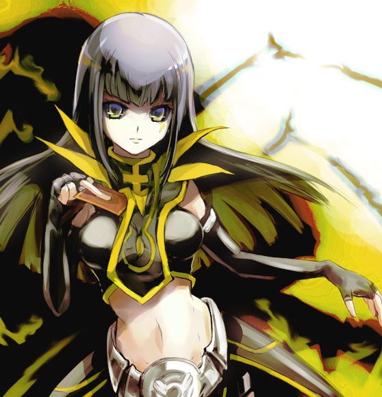 00s, 1girl, bad_id, bad_pixiv_id, belt, card, carly_nagisa, dark_signer, duel_monster, earthbound_immortal_aslla_piscu, elbow_gloves, eu_(pixiv1909), female_focus, gloves, green_hair, holding, holding_card, long_hair, midriff, solo, yu-gi-oh!, yu-gi-oh!_5d's