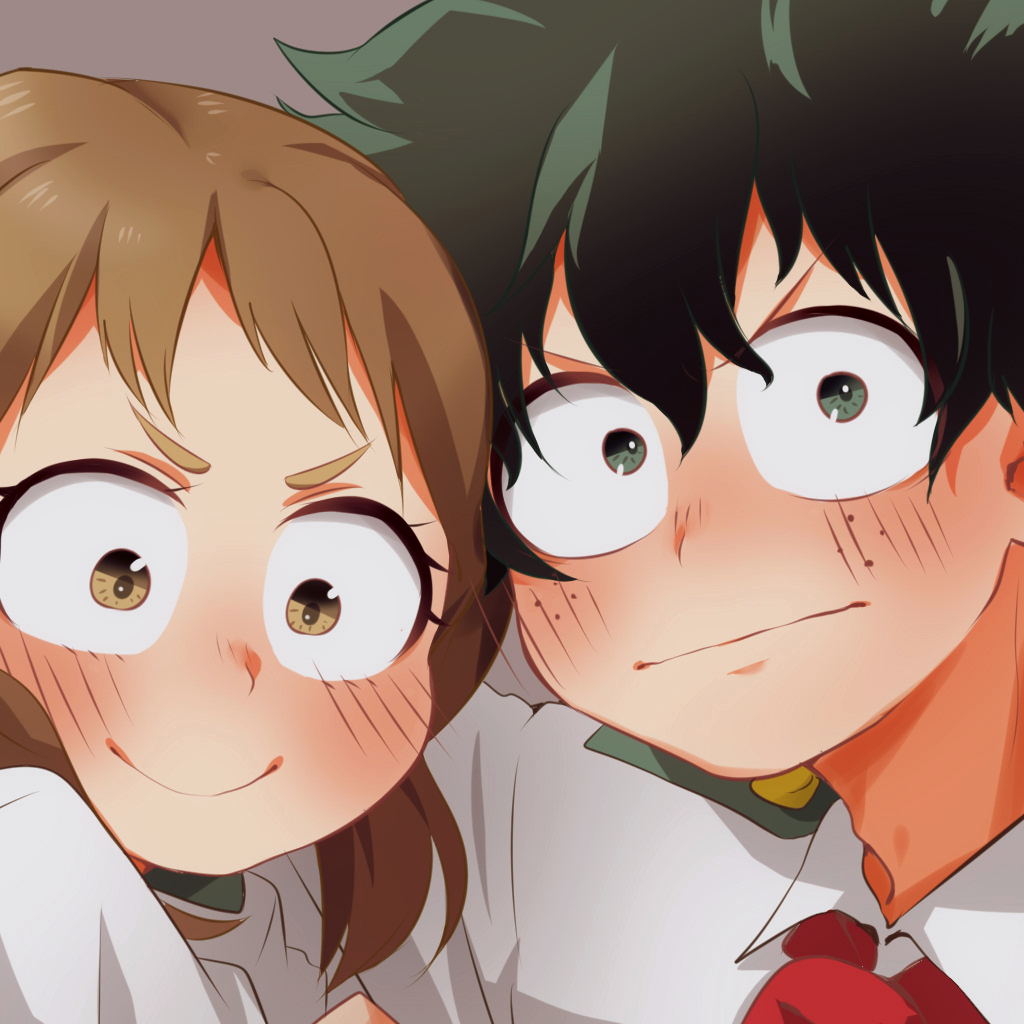10s, 1boy, 1girl, blush, boku_no_hero_academia, brown_eyes, brown_hair, embarrassed, freckles, green_eyes, green_hair, iworidayo, messy_hair, midoriya_izuku, necktie, portrait, school_uniform, short_eyebrows, short_hair, smile, u.a._school_uniform, uraraka_ochako