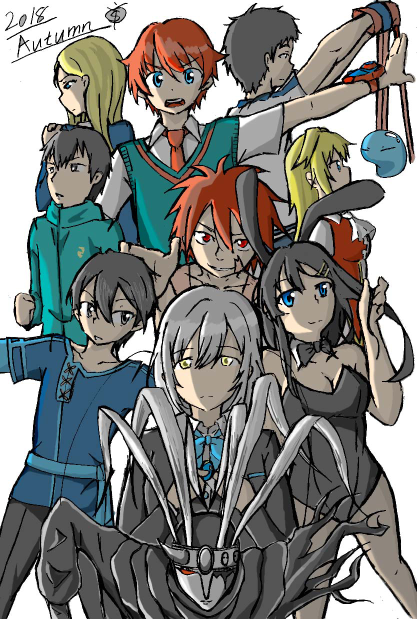 10s, 3girls, 6+boys, animal_ears, black_hair, black_legwear, black_leotard, black_neckwear