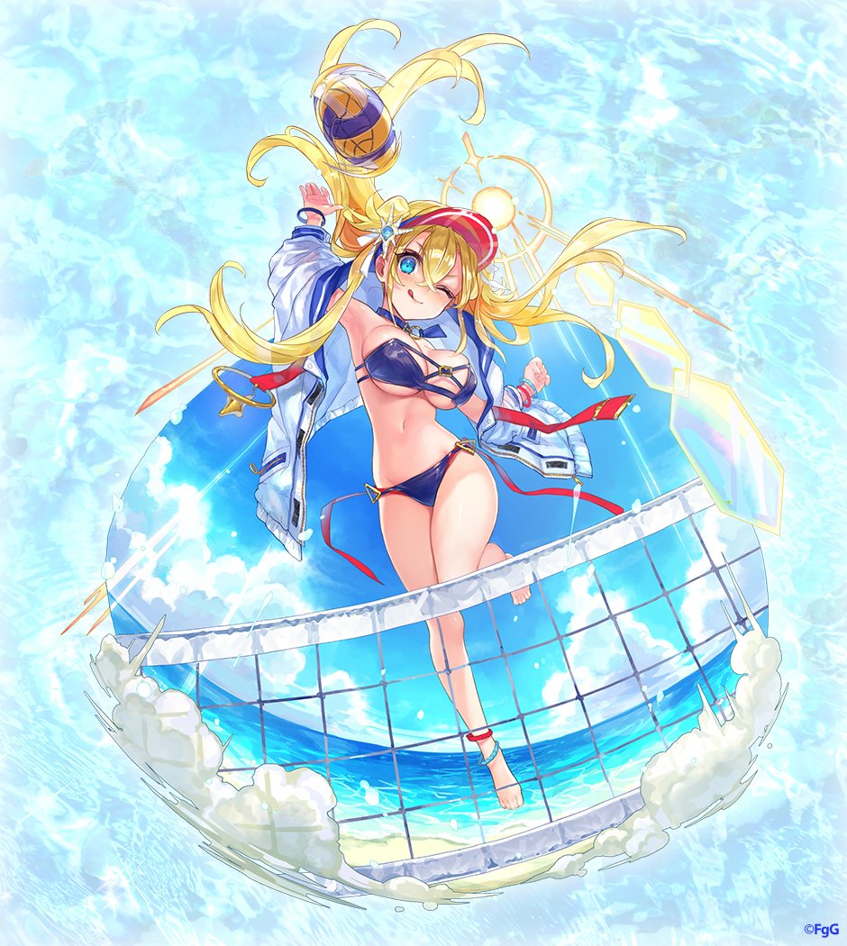 1girl, ancient_killers_(phantom_of_the_kill), aqua_eyes, artist_request, ball, beach_volleyball, bikini, blonde_hair