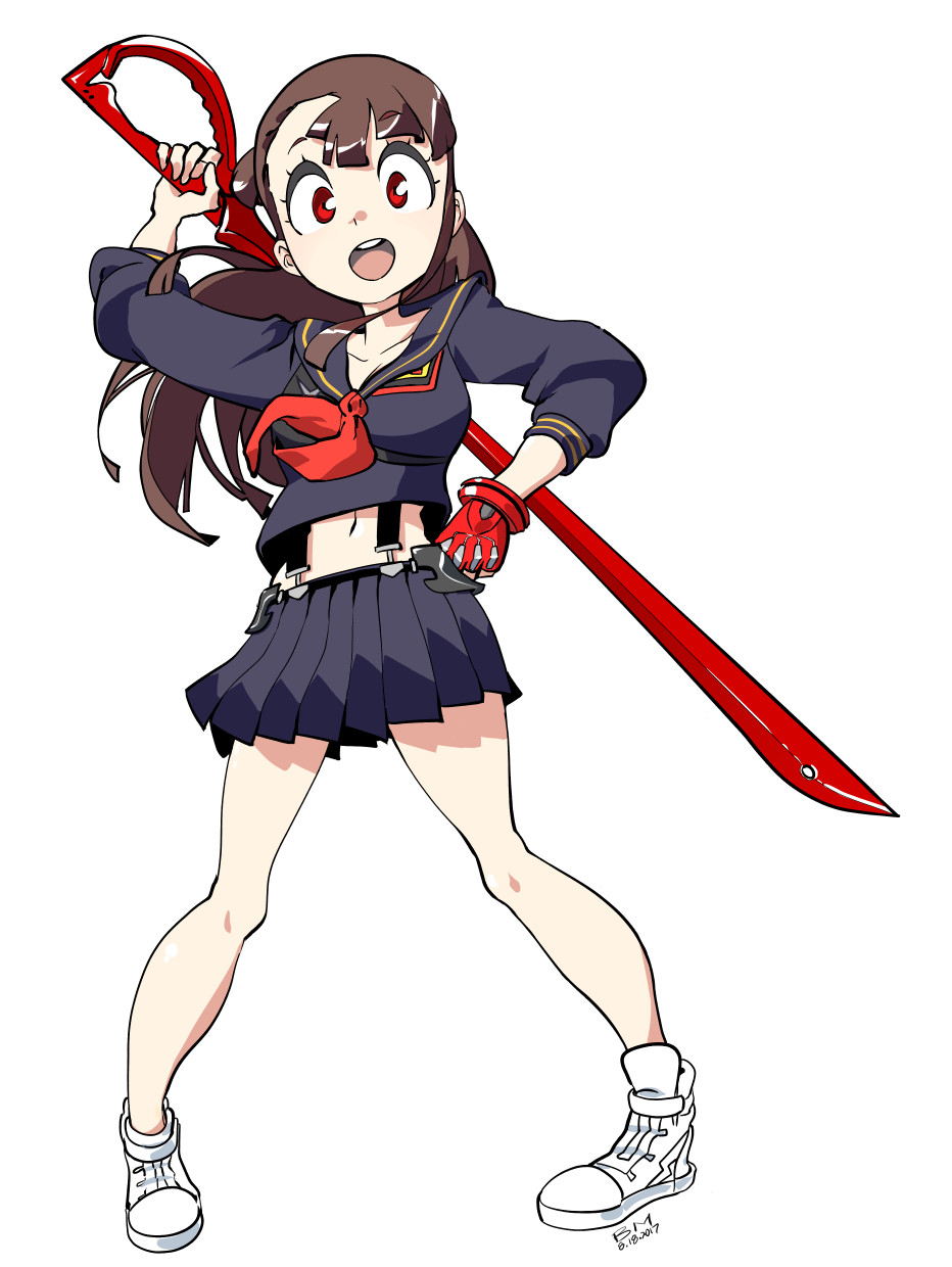1girl, alternate_costume, bearthemighty, breasts, brown_hair, company_connection, cosplay, female_focus, fingerless_gloves, full_body, gloves, highres, kagari_atsuko, kill_la_kill, little_witch_academia, matoi_ryuuko, matoi_ryuuko_(cosplay), medium_breasts, midriff, navel, neckerchief, pleated_skirt, red_eyes, red_gloves, school_uniform, scissors_blade, senketsu, serafuku, simple_background, single_glove, skirt, solo, standing, suspenders, trigger_(company), white_background