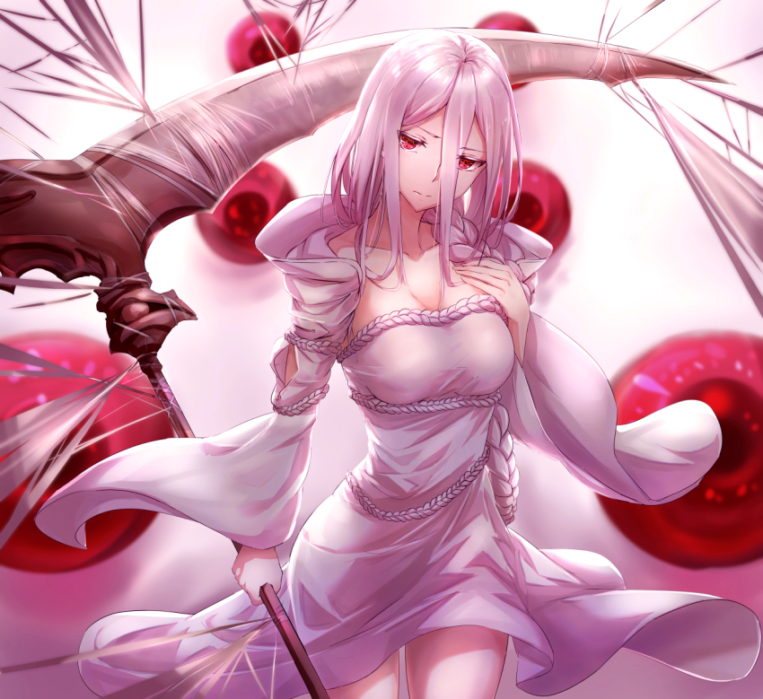 1girl, albino, braid, breasts, cleavage, collarbone, cowboy_shot, dress, extra_pupils, female_focus, hair_between_eyes, hand_on_own_chest, highres, holding, holding_scythe, holding_weapon, kumo_desu_ga_nani_ka?, kumoko_(kumo_desu_ga_nani_ka?), large_breasts, long_hair, long_sleeves, looking_at_viewer, pale_skin, red_eyes, sakaokasan, scythe, shiraori, silk, solo, spider_web, thighs, weapon, white_dress, white_hair, wide_sleeves