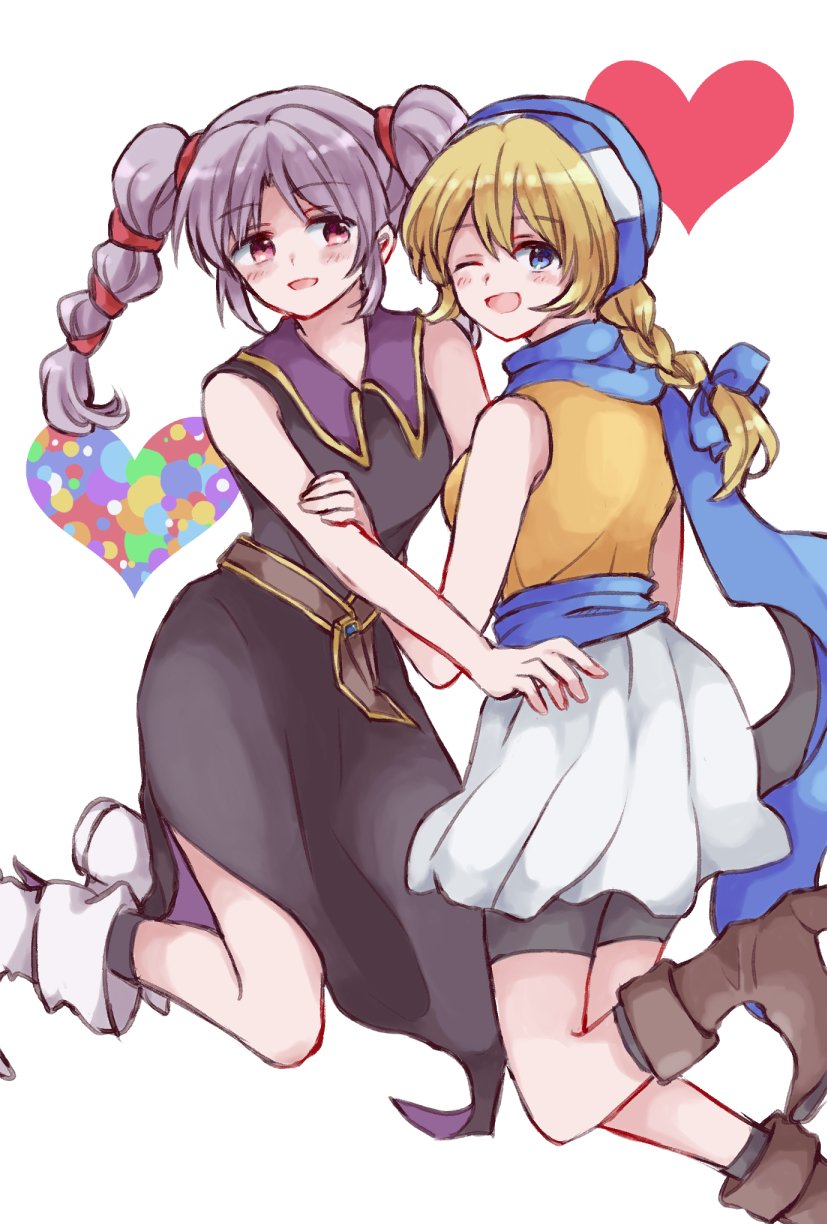 2girls, bandana, blonde_hair, blue_eyes, boots, fire_emblem, fire_emblem:_genealogy_of_the_holy_war, highres, kitano_373, multiple_girls, nintendo, one_eye_closed, patty_(fire_emblem), ponytail, purple_hair, red_eyes, scarf, skirt, smile, tine_(fire_emblem), twintails