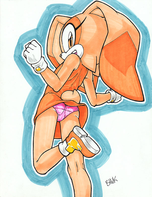 1girl, animal_nose, artist_name, ass, bad_id, bad_pixiv_id, bare_shoulders, blue_outline, body_fur, cameltoe, clenched_hands, cream_the_rabbit, dress, female_focus, flat_chest, from_behind, furry, furry_female, gloves, hands_up, happy, johnston_blackhorse, kneepits, leg_up, legs, loli, long_ears, looking_at_viewer, looking_back, multicolored_fur, open_mouth, orange_dress, orange_eyes, orange_fur, orange_shoes, outline, panties, pantyshot, pink_panties, profile, rabbit_ears, rabbit_girl, rabbit_tail, shoes, short_dress, short_tail, sideways_mouth, signature, simple_background, sleeveless, sleeveless_dress, smile, socks, solo, sonic_(series), standing, standing_on_one_leg, tail, teeth, thighs, traditional_media, underwear, upskirt, white_background, white_fur, white_gloves, white_outline, white_socks