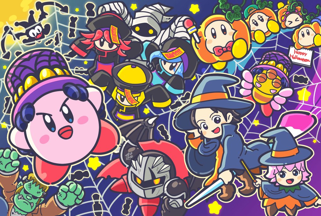 5boys, 5girls, adeleine, bat_wings, black_hair, blonde_hair, blue_eyes, blue_hair, blush_stickers, bonkers, bug, candy, cloak, commentary_request, como_(kirby), copy_ability, crazy_eyes, dark_meta_knight, fangs, flamberge_(kirby), food, francisca_(kirby), frankenstein's_monster, frankenstein's_monster_costume, grey_eyes, halloween, halloween_costume, happy_halloween, hat, hidden_face, hyness, jester_cap, jiangshi_costume, kirby, kirby_(series), kirby_star_allies, marx_(kirby), marx_(true_form)_(kirby), mask, moon, multiple_boys, multiple_girls, mummy_costume, night, nintendo, official_art, one_eye_closed, open_mouth, pink_hair, purple_eyes, red_hair, ribbon_(kirby), scar, scar_across_eye, scar_on_face, silhouette, silk, sky, smile, spider, spider_kirby, spider_web, star_(symbol), waddle_dee, wand, wings, witch_hat, yellow_eyes, zan_partizanne