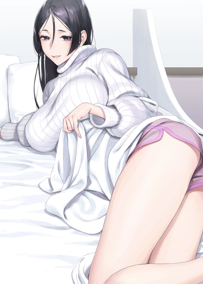 1girl, ass, bed, bed_sheet, black_eyes, black_hair, blush, breasts, fate/grand_order, fate_(series), female_focus, hair_between_eyes, highres, hip_focus, indoors, large_breasts, lavender_shorts, long_hair, long_sleeves, looking_at_viewer, lying, minamoto_no_raikou_(fate), nakuta, on_bed, on_side, parted_bangs, purple_shorts, ribbed_sweater, short_shorts, shorts, side_slit, side_slit_shorts, smile, solo, sweater, thighs, turtleneck, turtleneck_sweater, very_long_hair, white_sweater