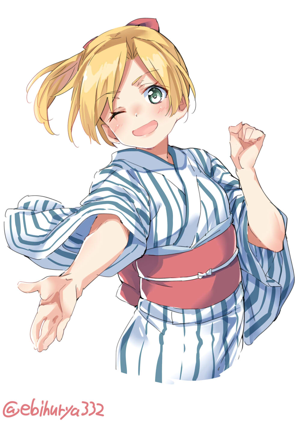 1girl, alternate_costume, blonde_hair, blush, bow, ebifurya, female_focus, green_eyes