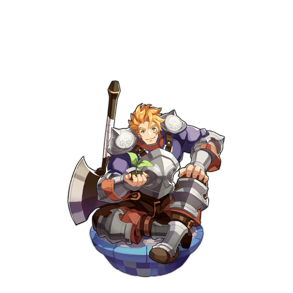 1boy, armor, axe, blonde_hair, closed_mouth, dragalia_lost, full_body, green_eyes