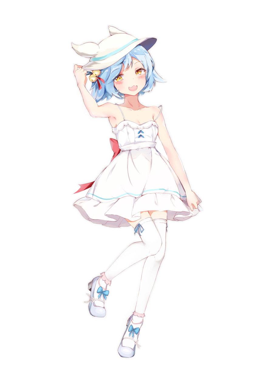 absurdres, animal_ears, azur_lane, bad_id, bad_pixiv_id, bell, breasts, cleavage, fox_ears, fubuki_(azur_lane), full_body, hair_bell, hair_ornament, head_tilt, highres, knees_together_feet_apart, laji_jiansheng, looking_at_viewer, smile, solo, standing, thighhighs, white_background, white_thighhighs