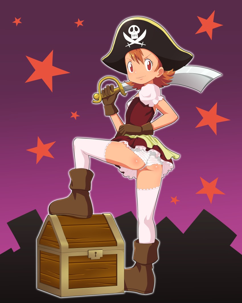 1girl, absurdres, ass, black_hat, boots, brown_boots, brown_gloves, digimon