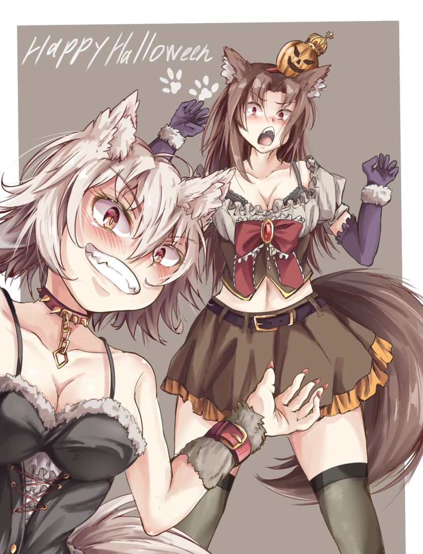 2girls, alternate_costume, animal_ear_fluff, animal_ears, bare_arms, bare_shoulders, belt, black_bra