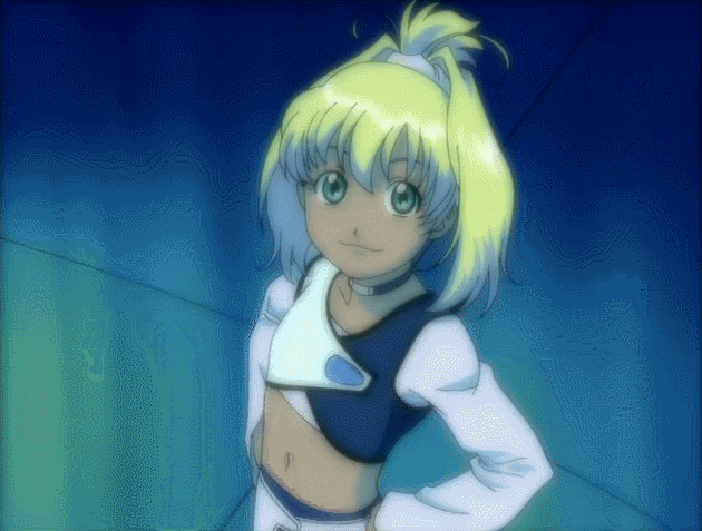 00s, 1girl, animated, animated_gif, bandai, blonde_hair, breasts, dark-skinned_female