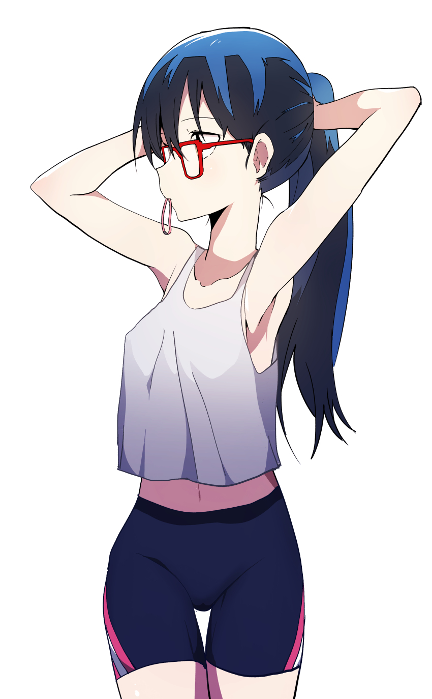 1girl, absurdres, adjusting_hair, armpits, arms_behind_head, arms_up, bike_shorts, black_hair