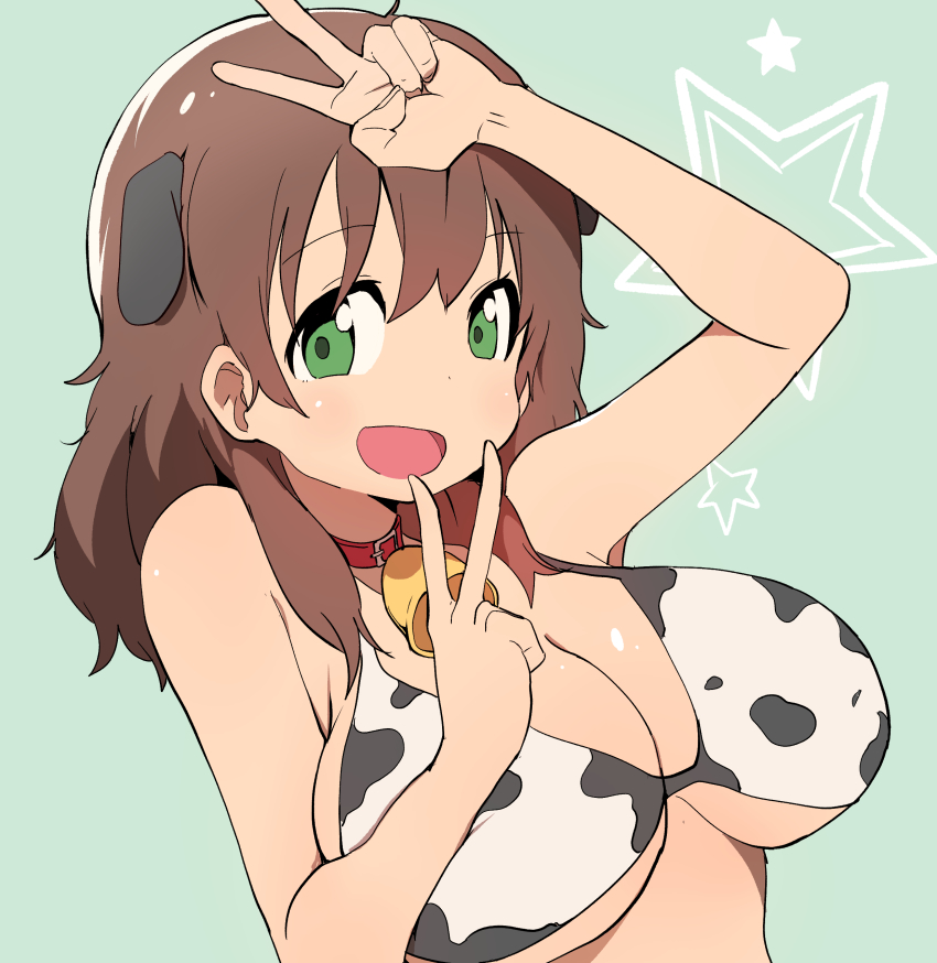 1girl, absurdres, animal_ears, animal_print, bell, blush, breasts, brown_hair