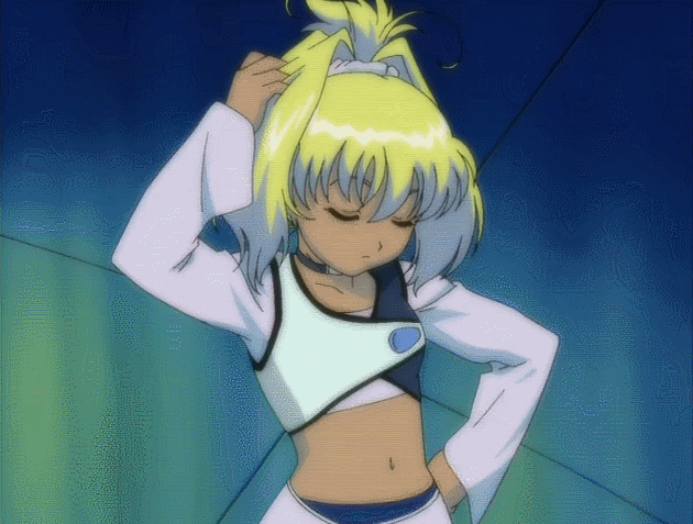 00s, 1girl, animated, animated_gif, bandai, blonde_hair, breasts, dark-skinned_female