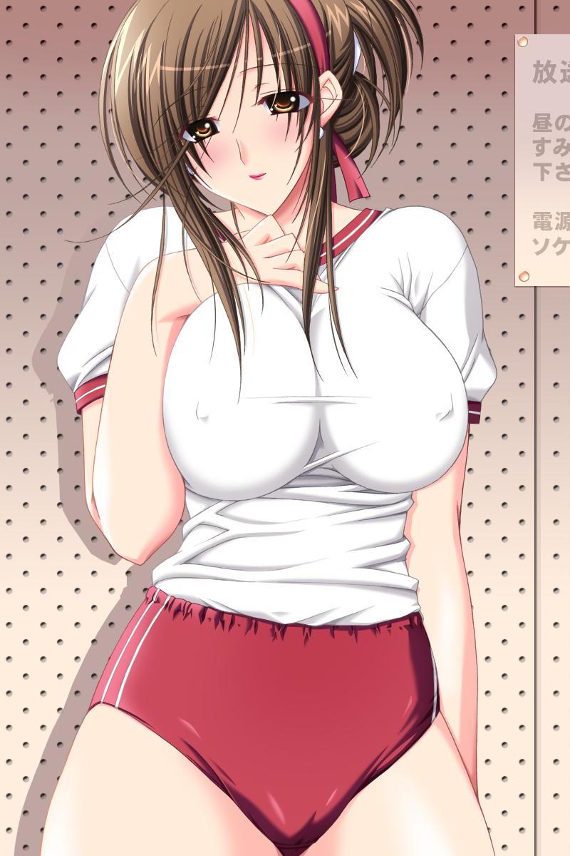 00s, 10s, 1girl, akizuki_sara, atelier_kaguya, blush, breasts, brown_eyes, brown_hair, buruma, choco_chip, female_focus, game_cg, gym_uniform, hair_ornament, hairclip, highres, katei_kyoushi_no_oneesan, kateikyoushi_no_onee-san, large_breasts, mature_female, solo