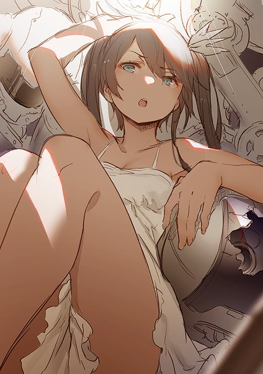 1girl, blue_eyes, brown_hair, clothes_between_thighs, dress, female_focus, hair_ornament, legs, long_hair, machinery, mogumo, open_mouth, sleeveless, sleeveless_dress, solo, spaghetti_strap, sunlight, tokoshie_bullet, twintails, white_dress